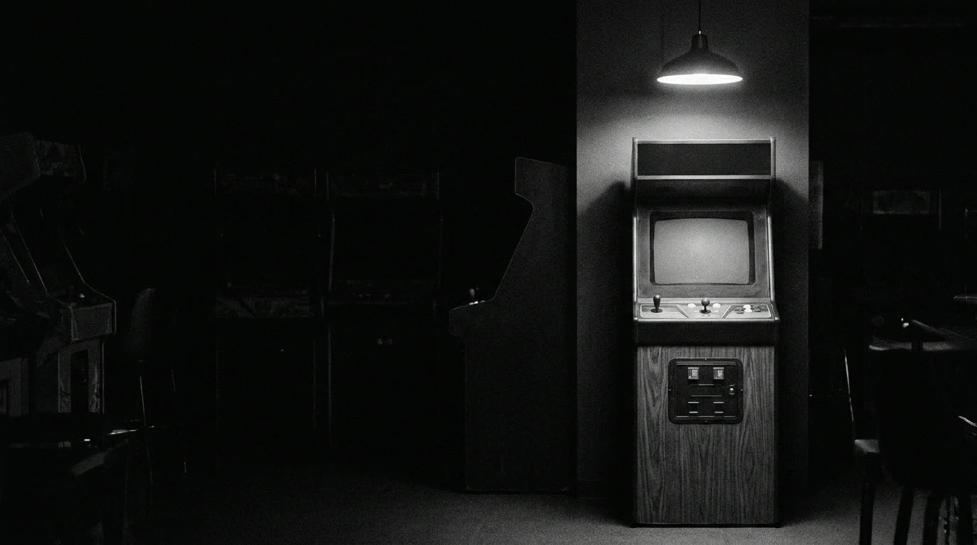 A dark arcade, one cabinet under a single overhead light.