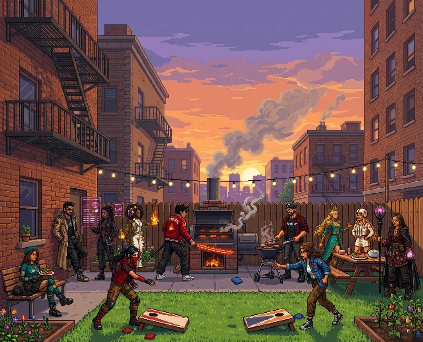 The FireTeam crew at a backyard cookout at sunset.