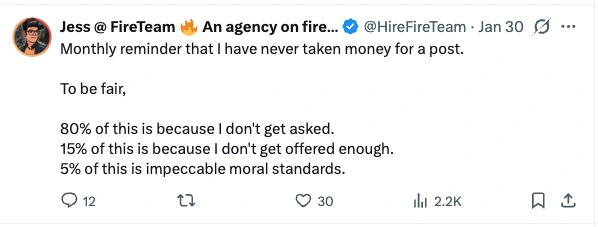 Post by Jess at FireTeam, 30 January: Monthly reminder that I have never taken money for a post. To be fair, 80% of this is because I don't get asked. 15% of this is because I don't get offered enough. 5% of this is impeccable moral standards.