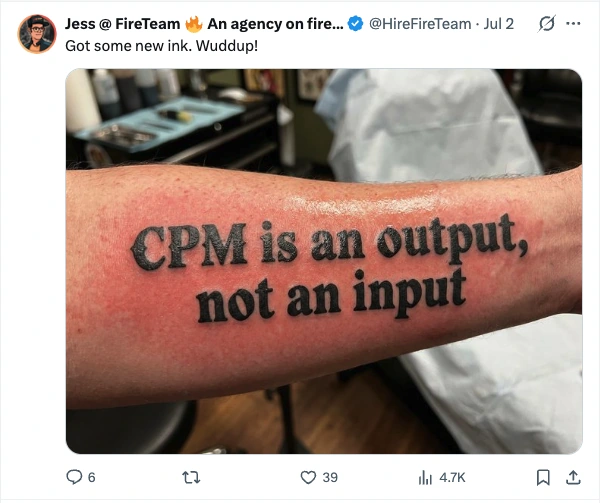 Post by Jess at FireTeam, 2 July: Got some new ink. Wuddup! Attached is a photograph of a forearm freshly tattooed with the words "CPM is an output, not an input".